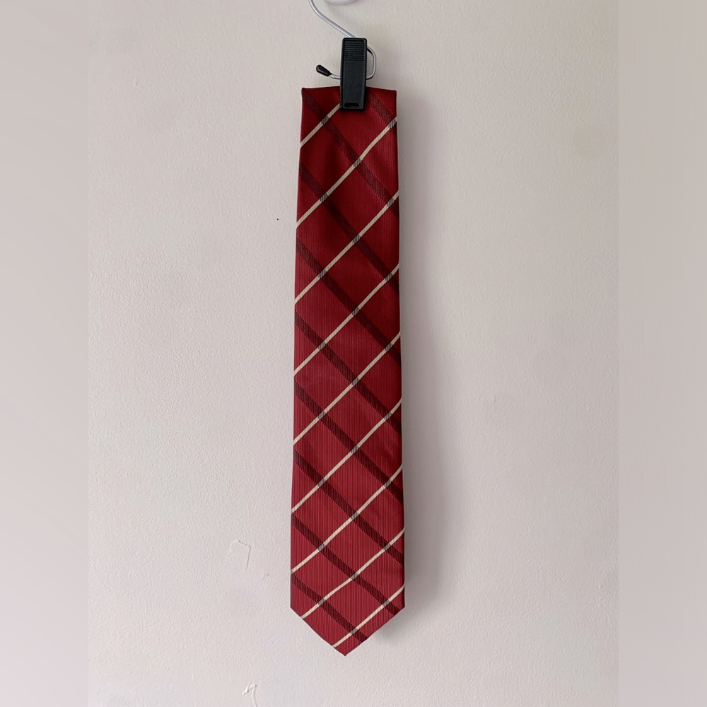 Burberry Red Plaid Silk Tie with Cream Stripes